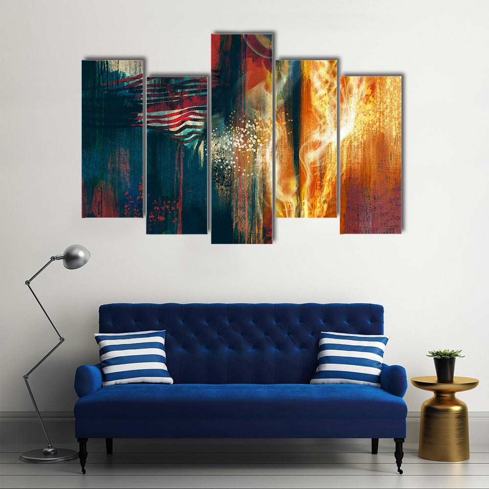Abstract American Flag in Flames Canvas Wall Art