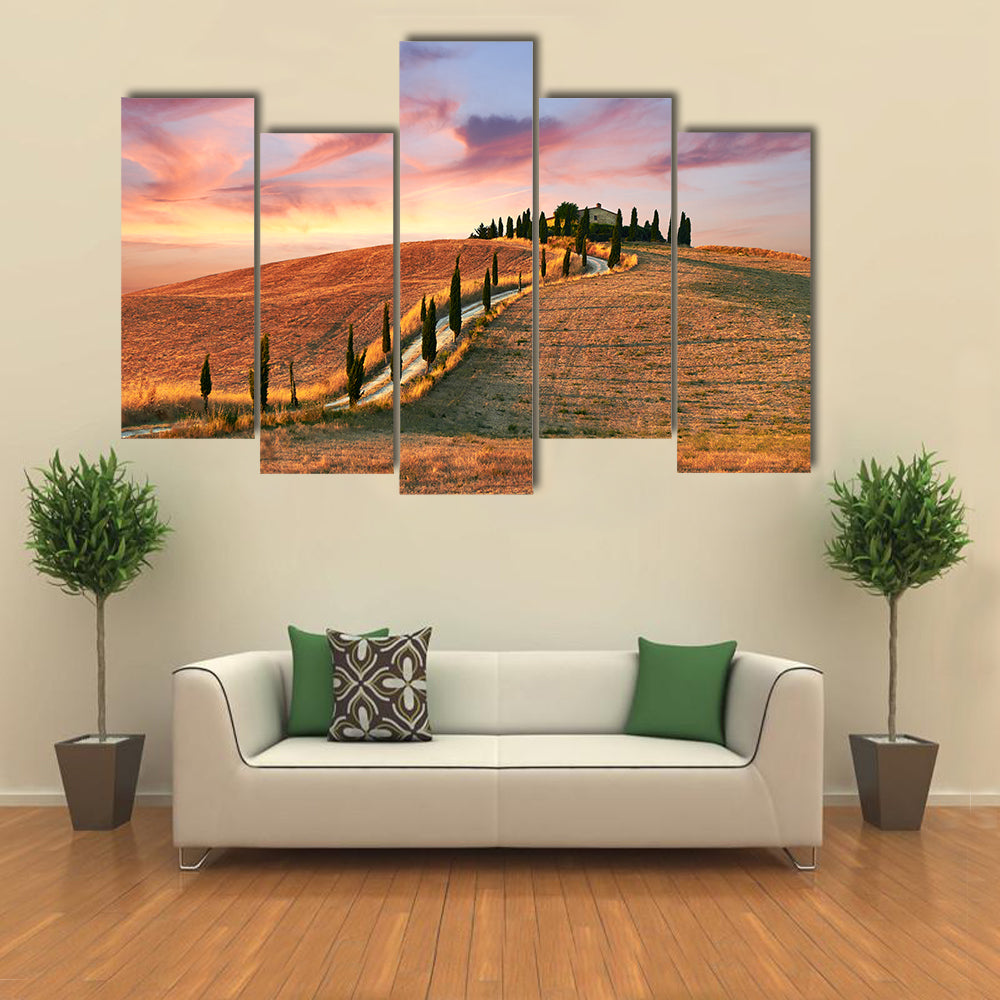 Hilltop Villa with Cypress Road at Sunset Canvas Wall Art