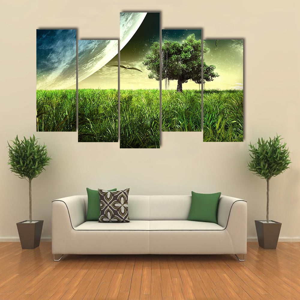Green Meadow with Pterodactyls Canvas Wall Art