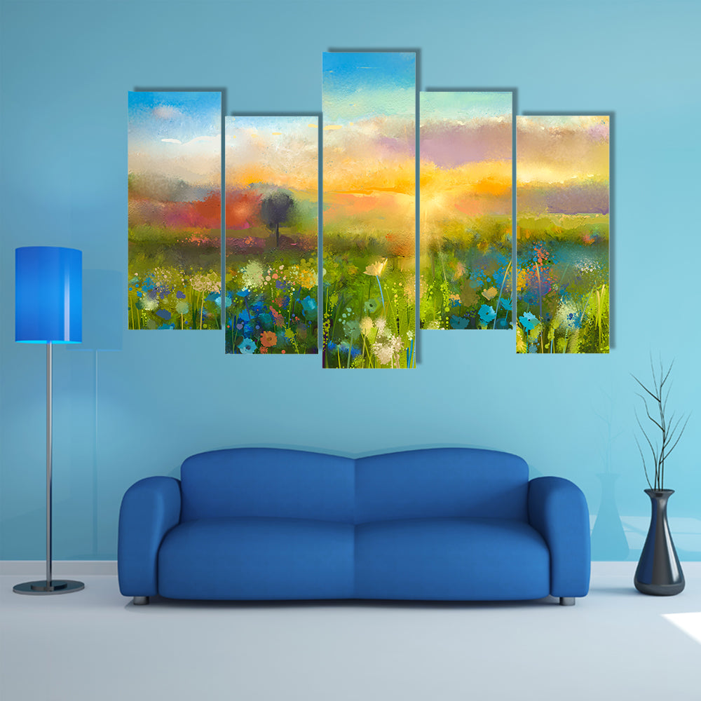 Sunset Over Wildflower Meadow Canvas Wall Art
