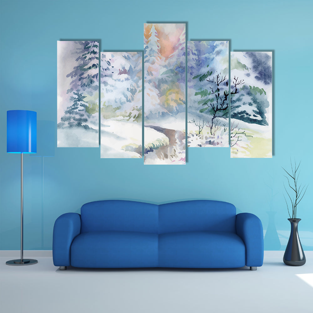 Watercolor Winter Landscape Canvas Wall Art