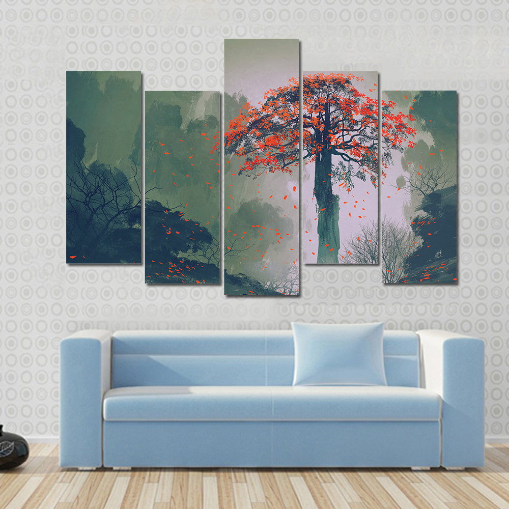 Misty Red Tree in Autumn Forest Canvas Wall Art