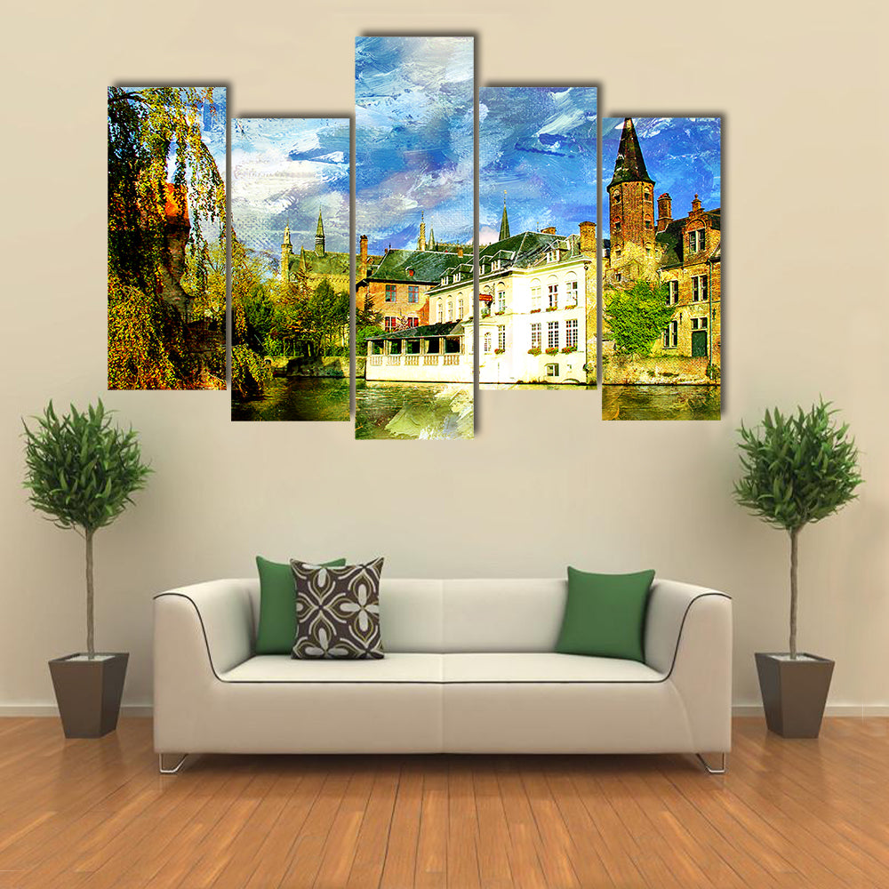 Belgian Canal in a Small Town Canvas Wall Art