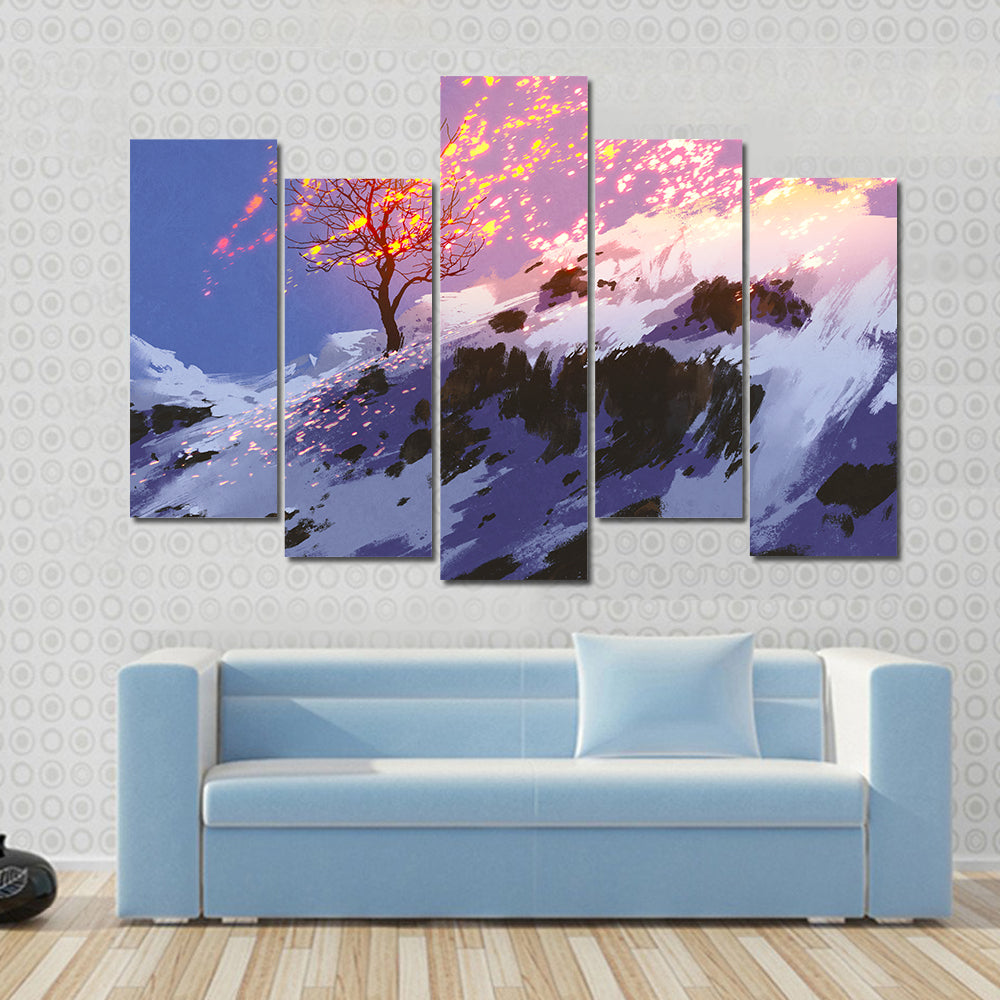 Lone Tree with Glowing Sparks at Twilight Canvas Wall Art