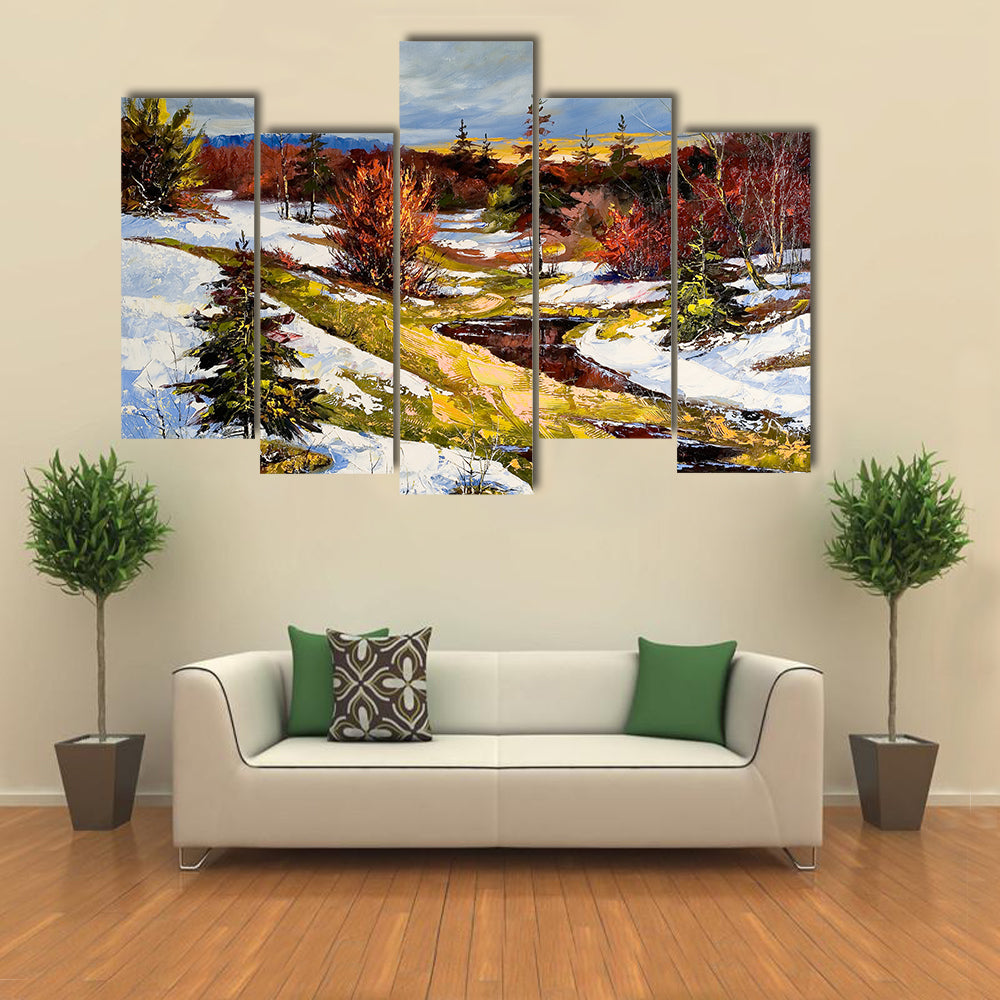 Snowy Stream at Sunset Canvas Wall Art