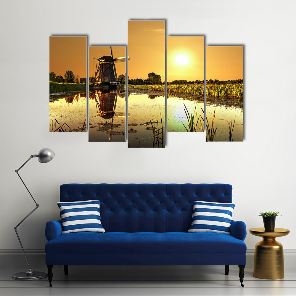 Kinderdijk Windmill at Golden Sunrise Canvas Wall Art