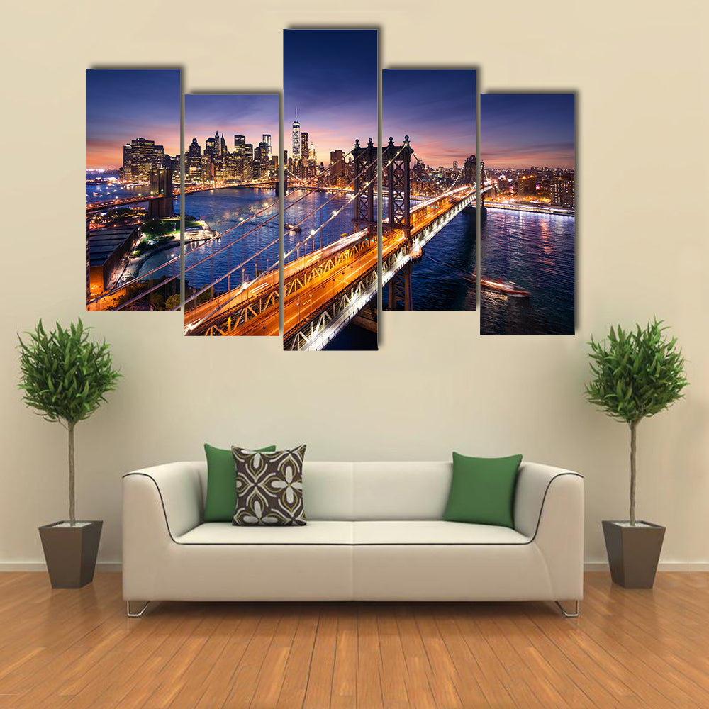 Dusk Over Manhattan Bridge Canvas Wall Art
