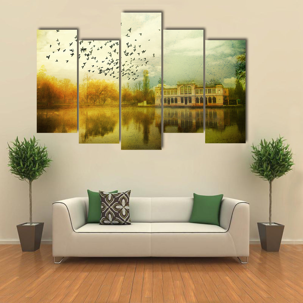 Flock Over Vintage Lakeside Mansion Canvas Wall Art