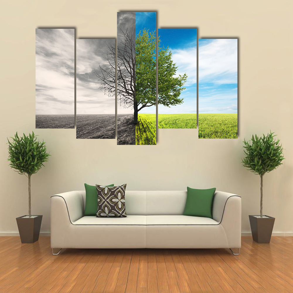 Lonely Tree In Field Canvas Wall Art