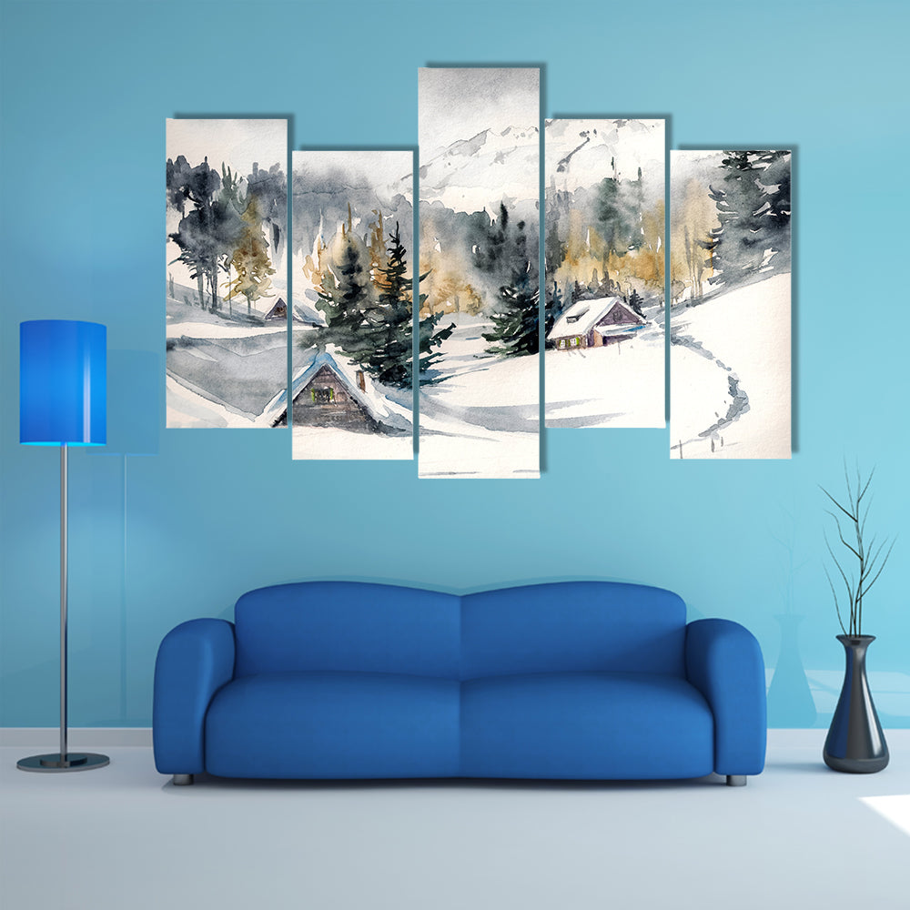 Snowy Mountain Village Canvas Wall Art
