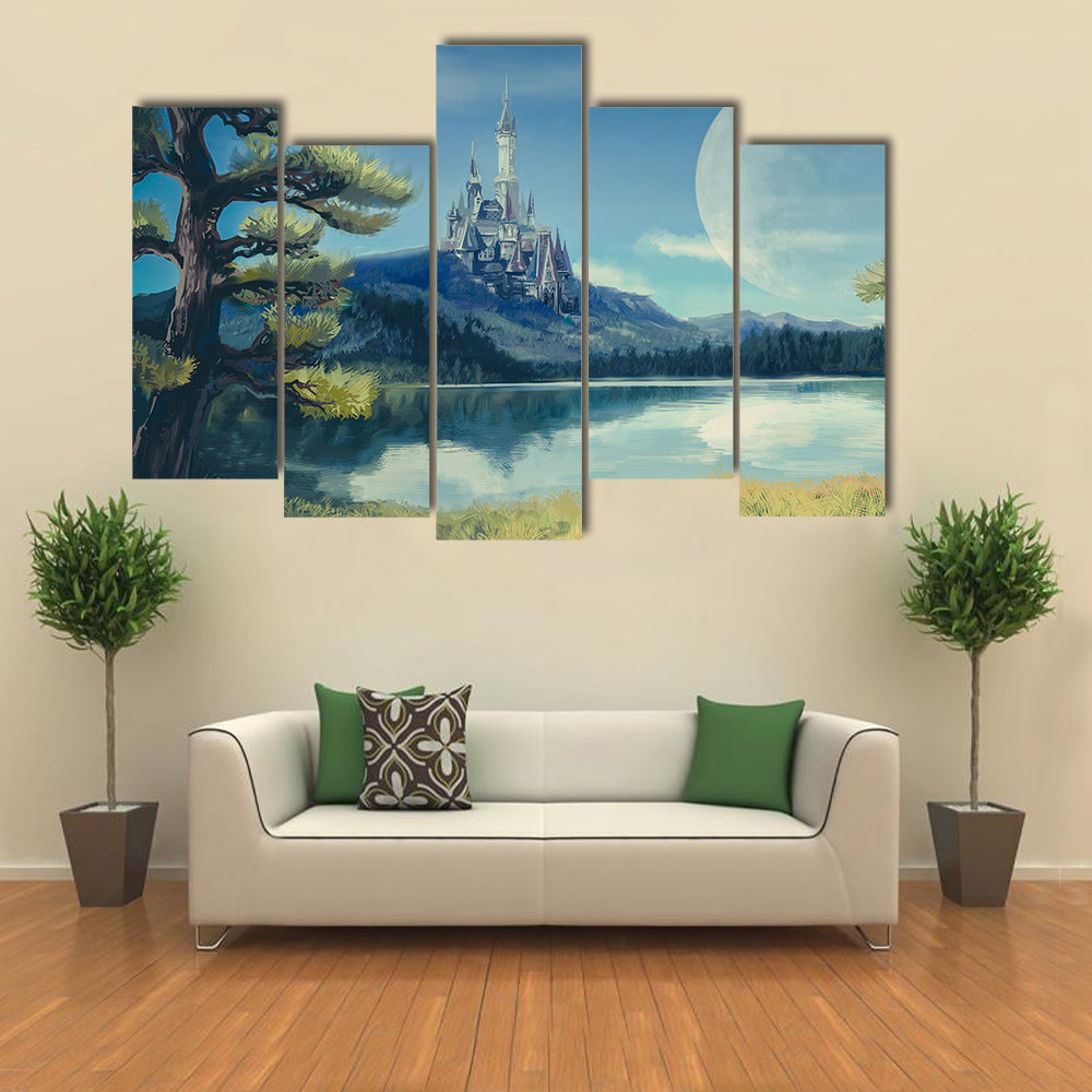Gothic Castle by Moonlit Lake Canvas Wall Art