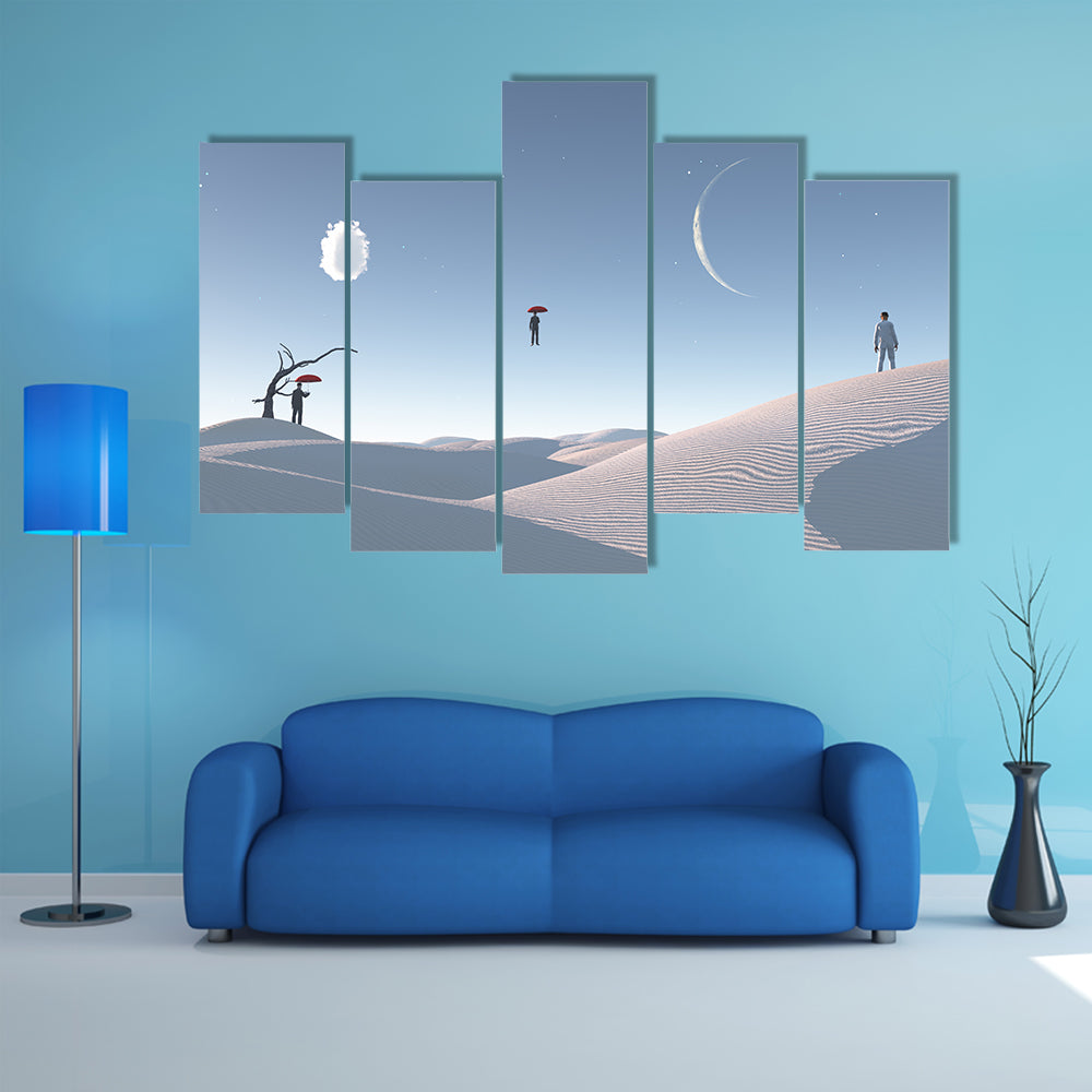 Floating Man with Umbrella in Surreal Desert Canvas Wall Art