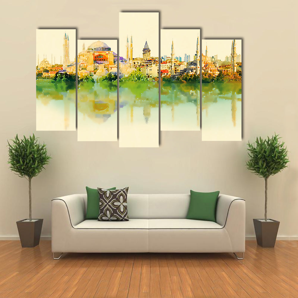 Istanbul Watercolor Skyline with Hagia Sophia Reflection Canvas Wall Art