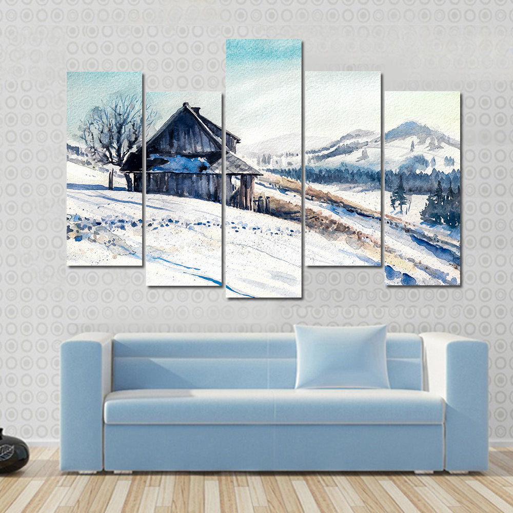 Small House In Winter Mountains Canvas Wall Art