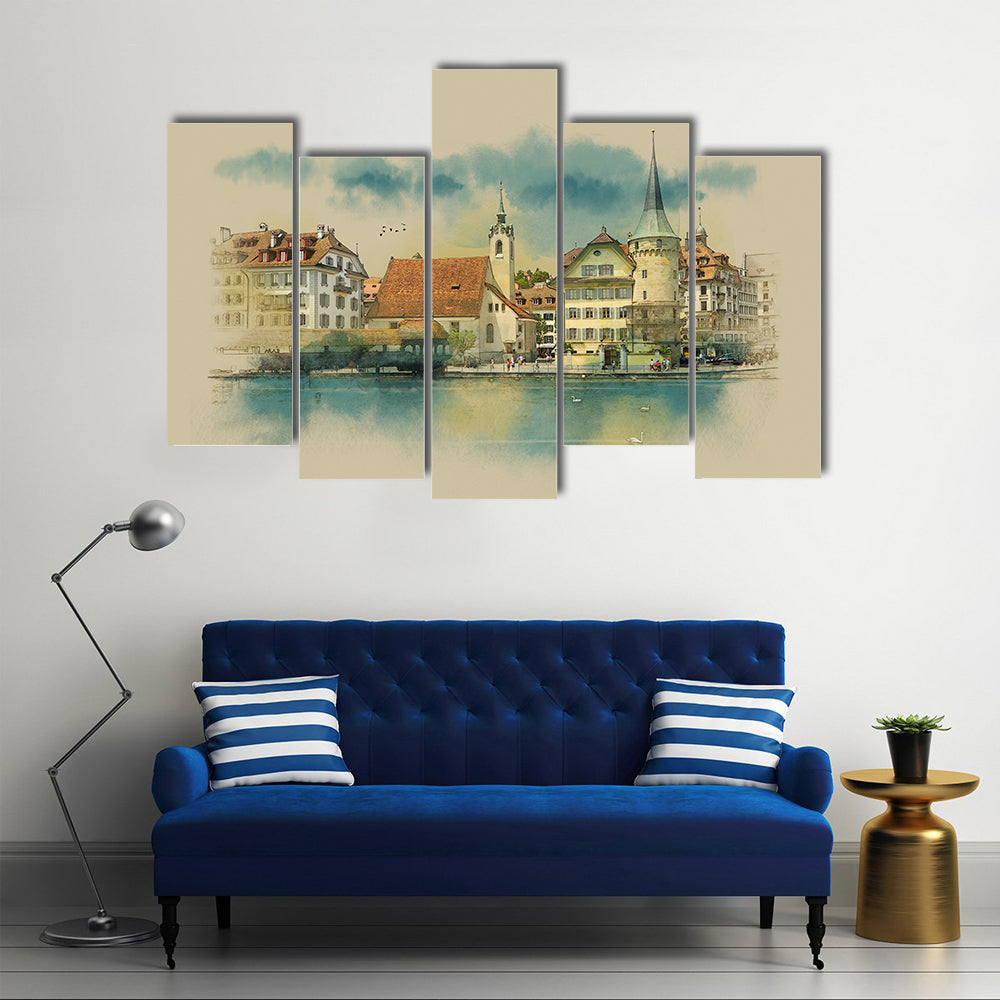 Sketch Of Lucerne Town In Switzerland Canvas Wall Art