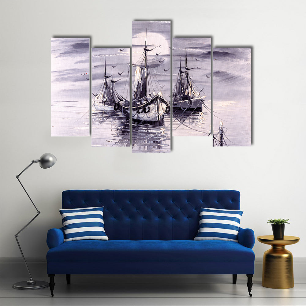 Boats With Sunset Painting Canvas Wall Art