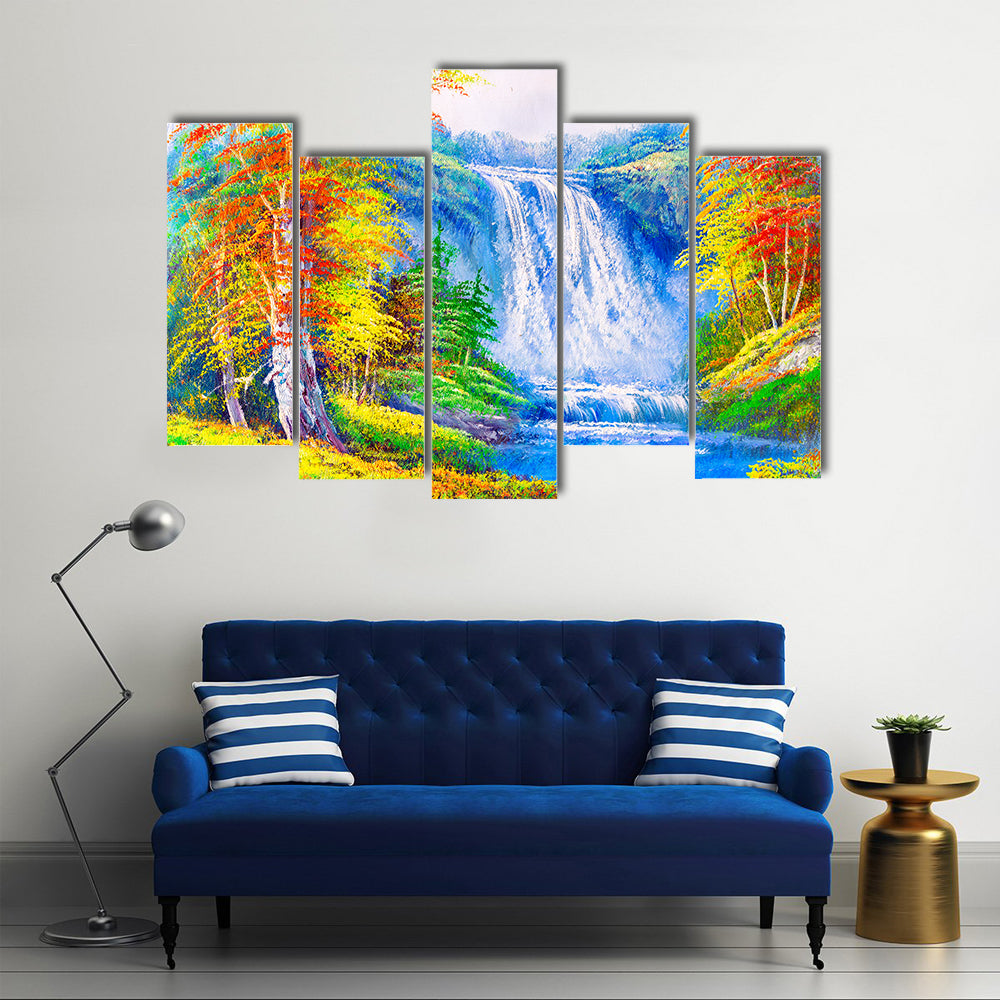 Autumn Waterfall with Colorful Foliage Canvas Wall Art