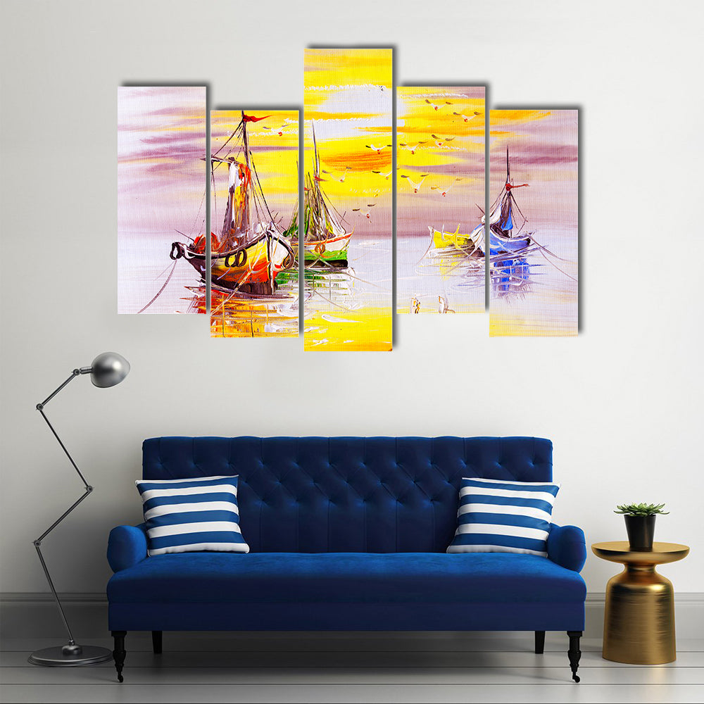 Boats With Sunset Canvas Wall Art