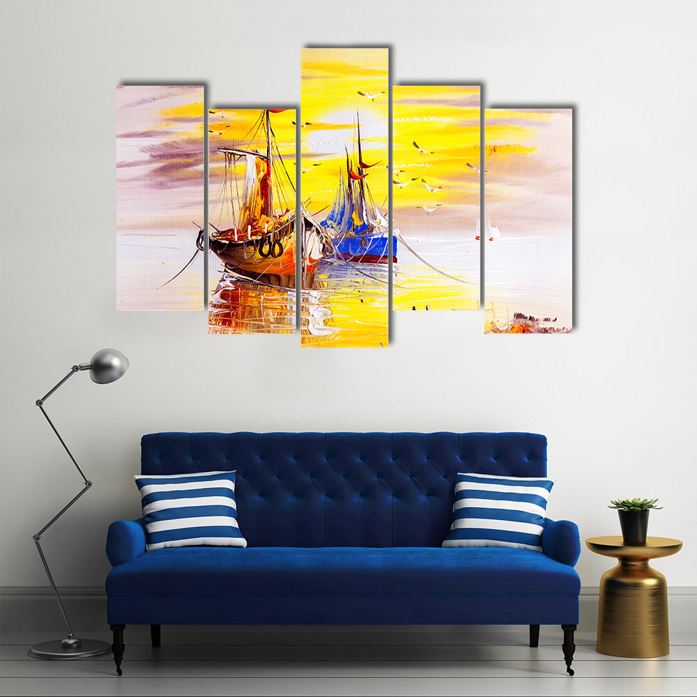 Boats With Sunset Canvas Wall Art