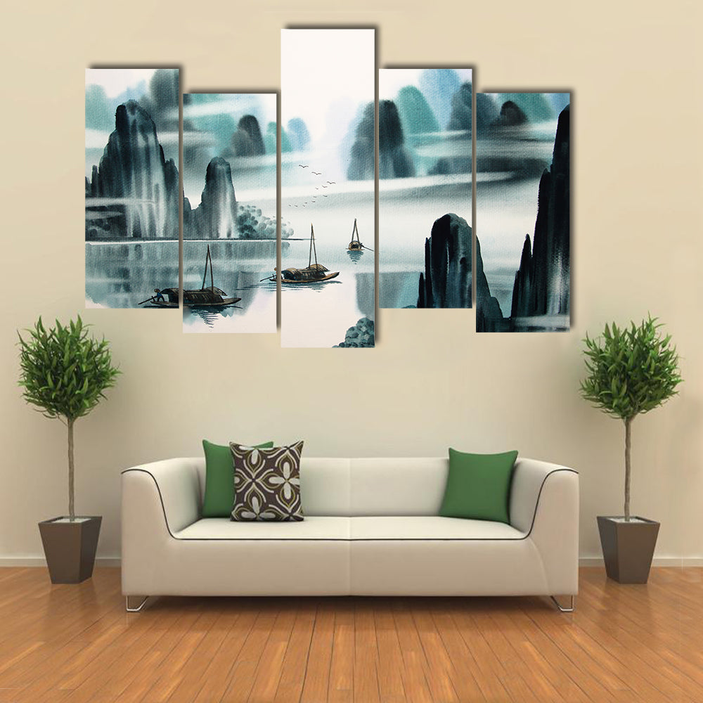 Misty River Chinese Watercolor Landscape Canvas Wall Art
