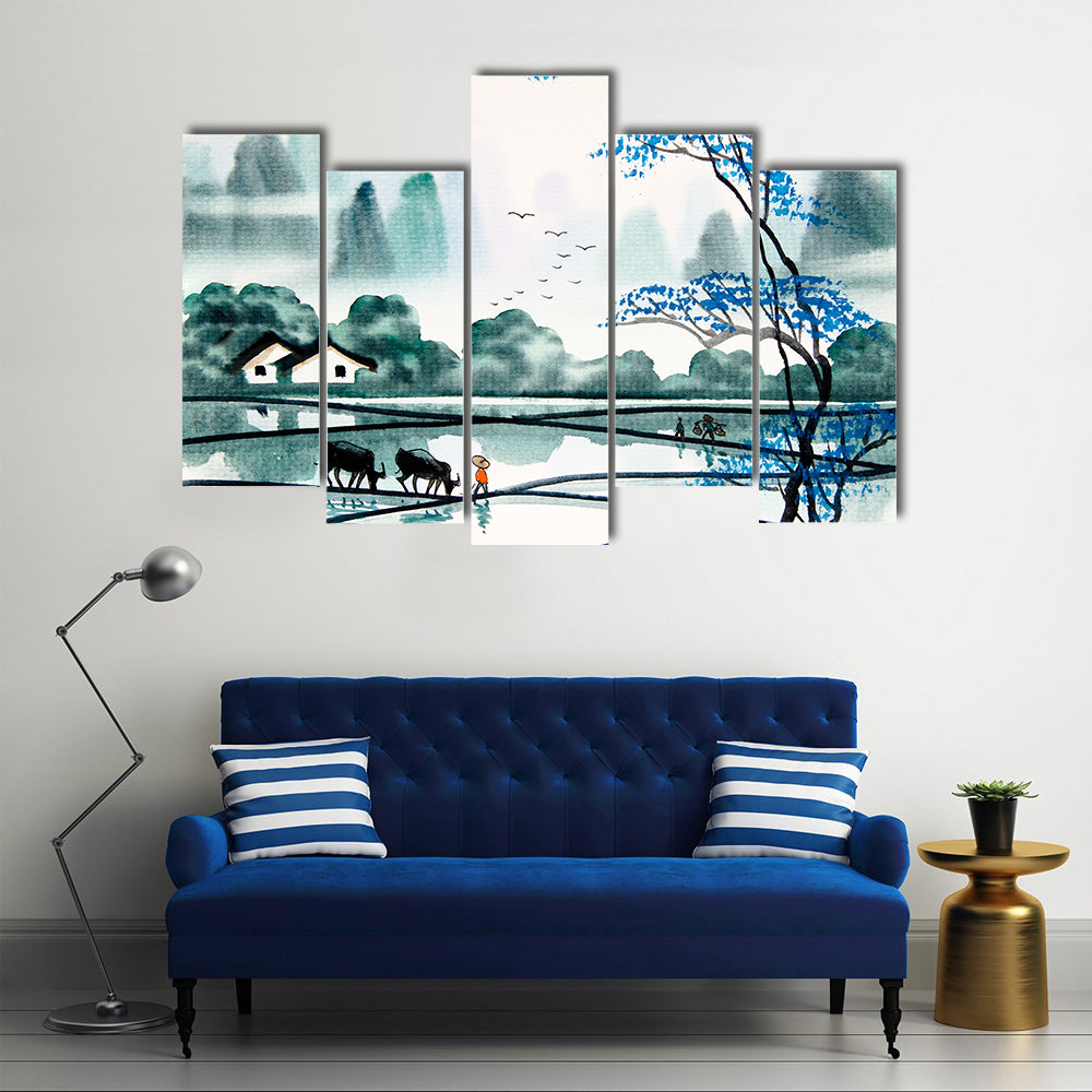Misty Chinese Watercolor Landscape Canvas Wall Art