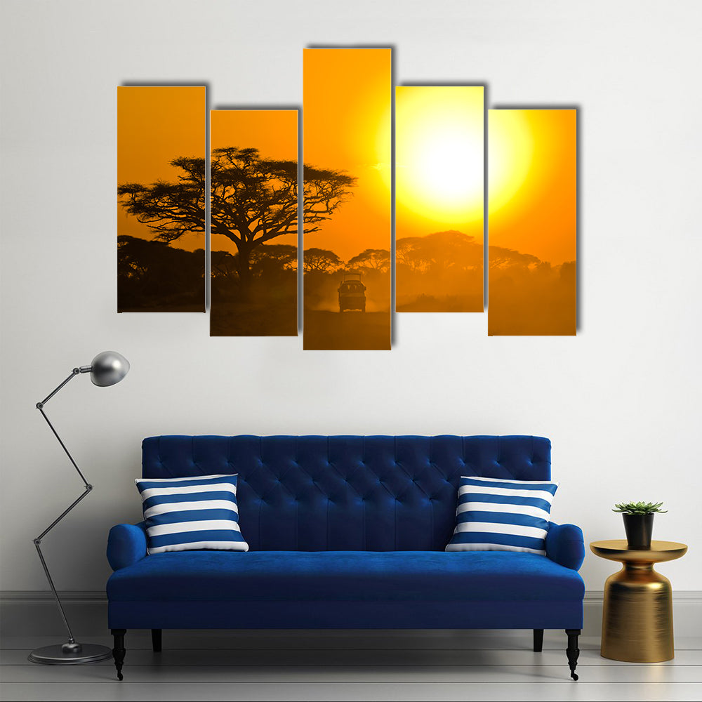 Safari Jeep Driving Through Savannah In The Sunset Africa Canvas Wall Art