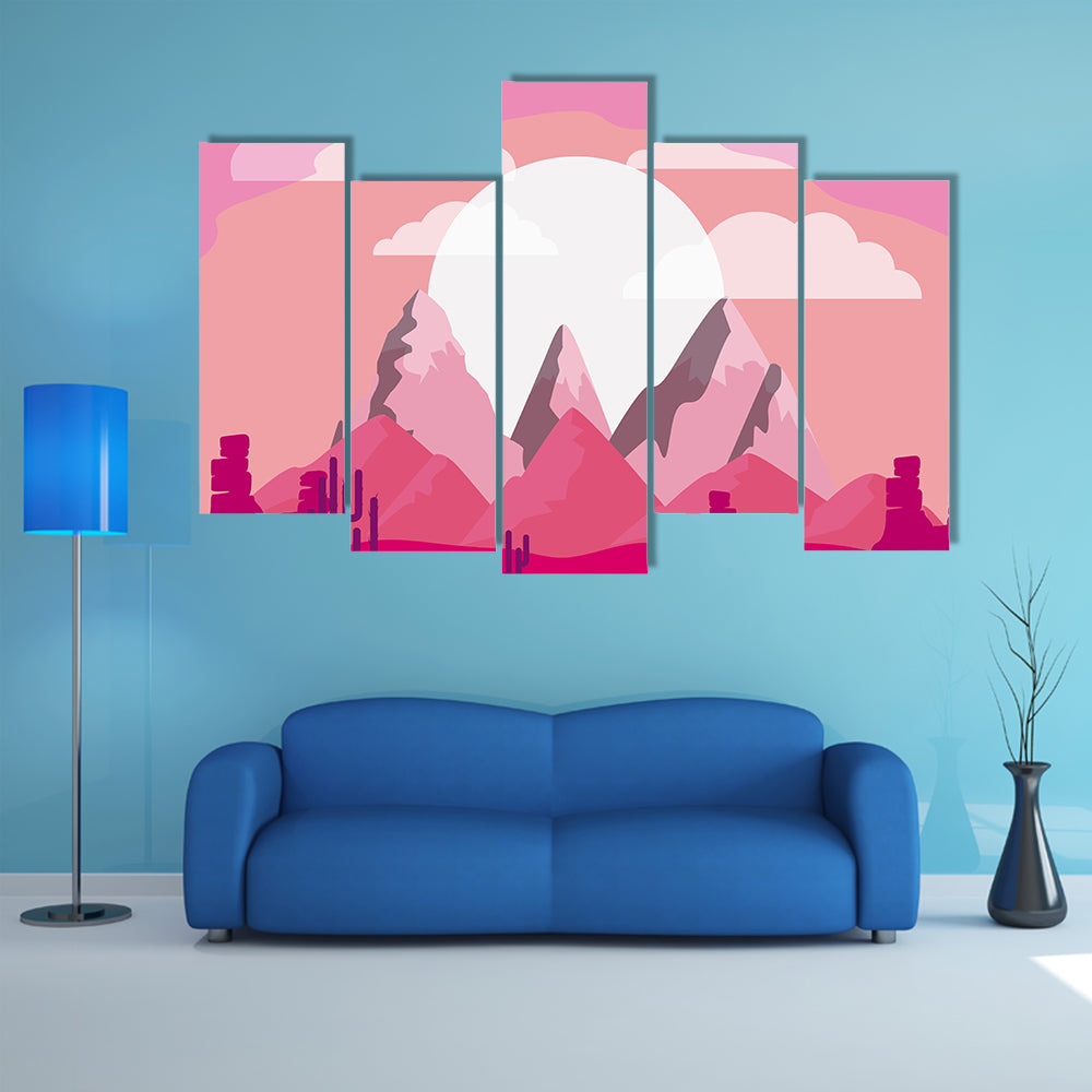 Desert Sunset Mountain Illustration Canvas Wall Art