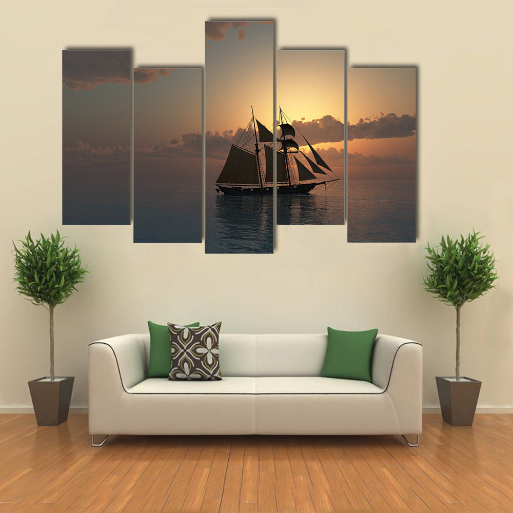 Sunset On Sea With Schooner Ship Wall Art