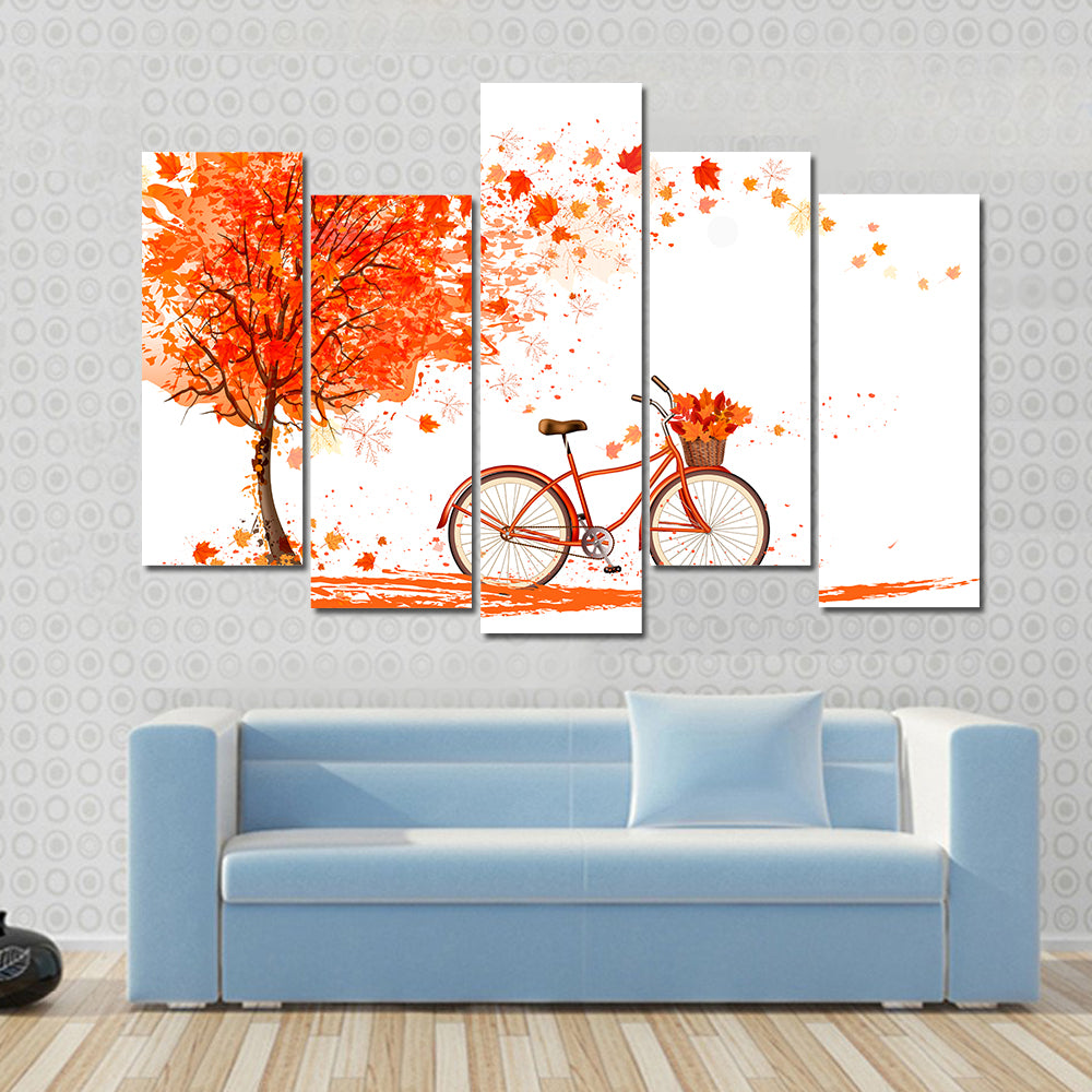 Bicycle Under Autumn Tree Canvas Wall Art