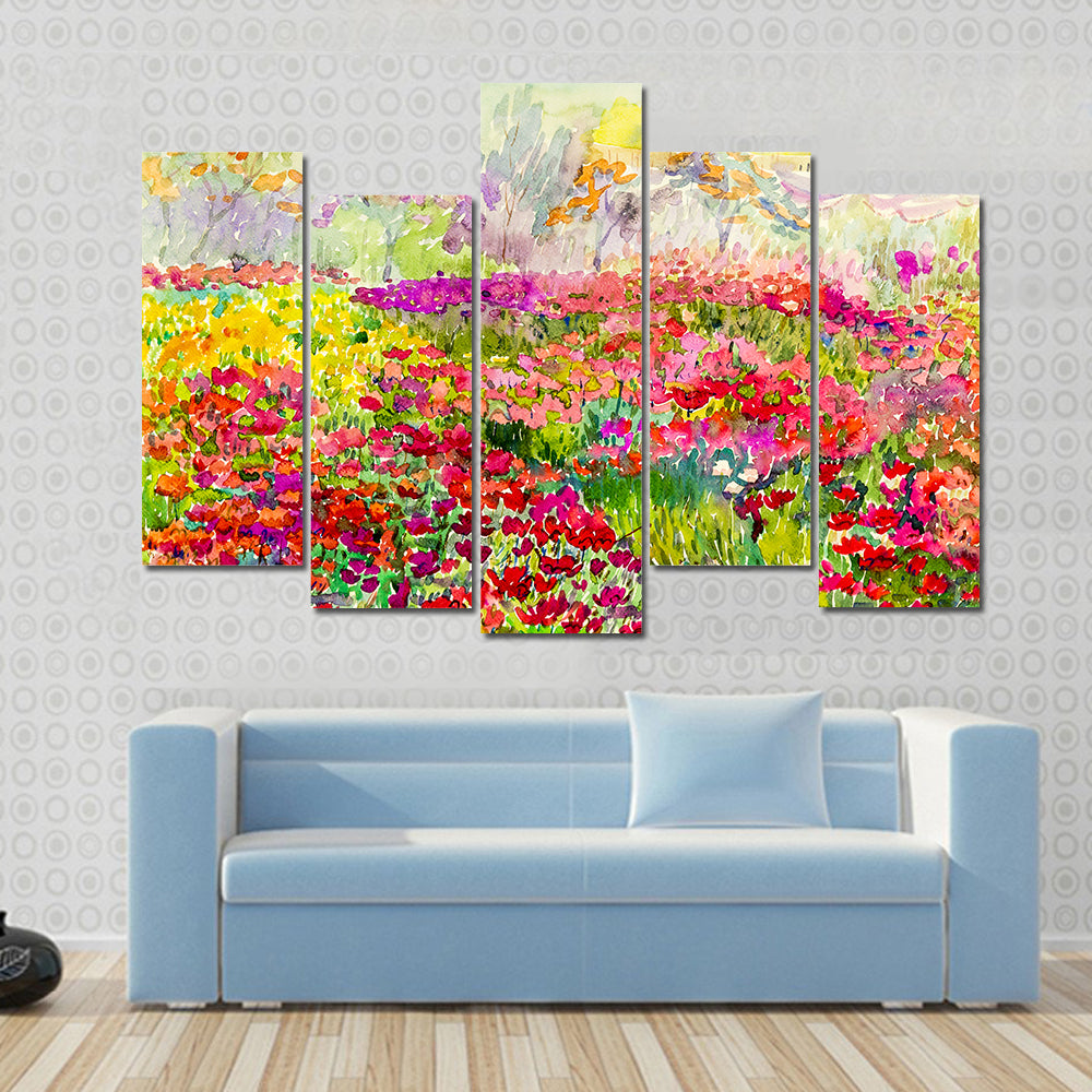Watercolor Poppy Field in Spring Canvas Wall Art