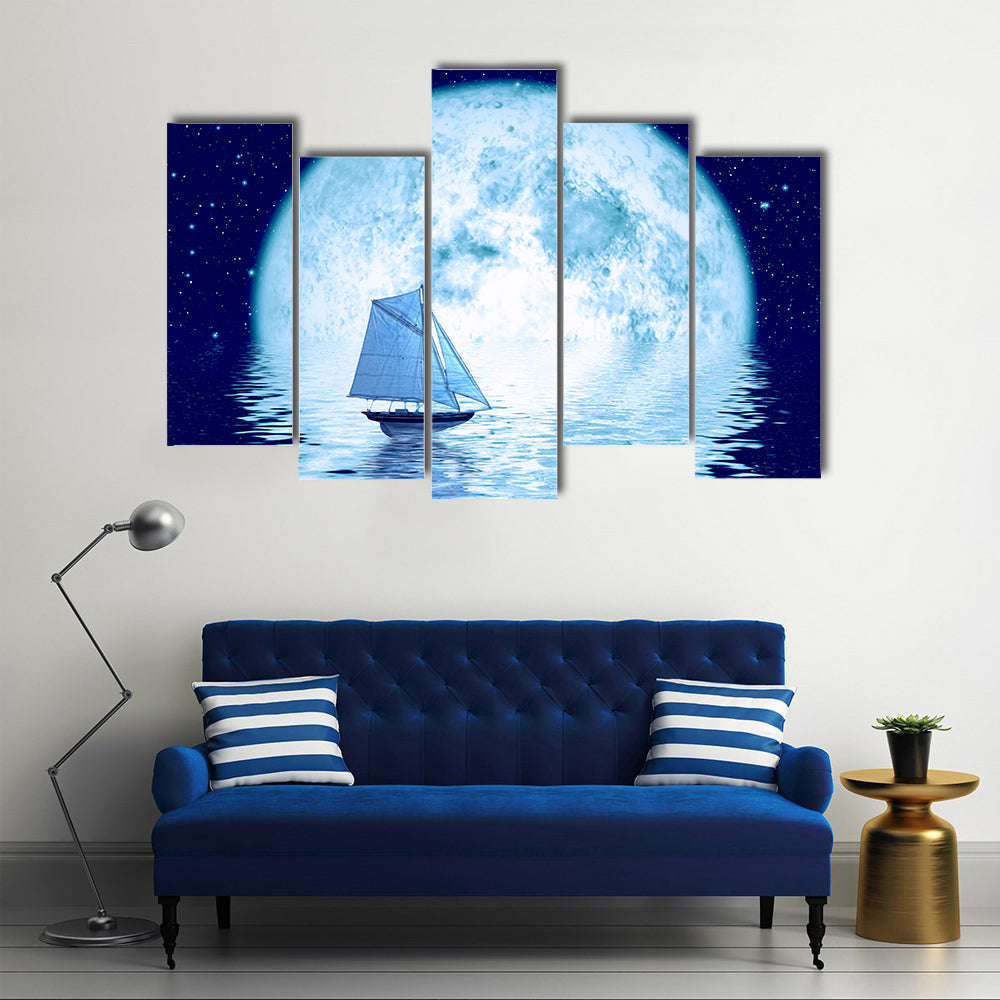 Sailing Ship Under Full Moon Canvas Wall Art