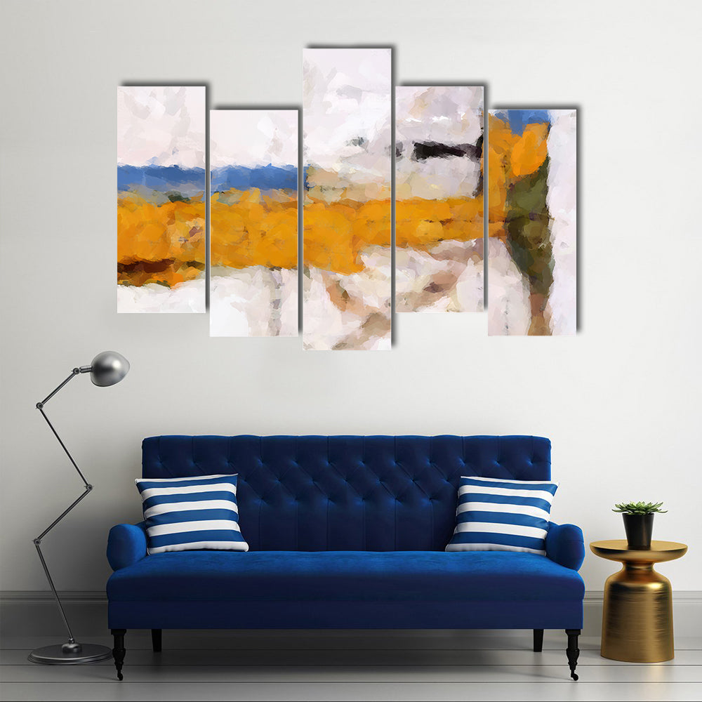 Ochre Yellow Band Abstract with Blue Accents Canvas Wall Art