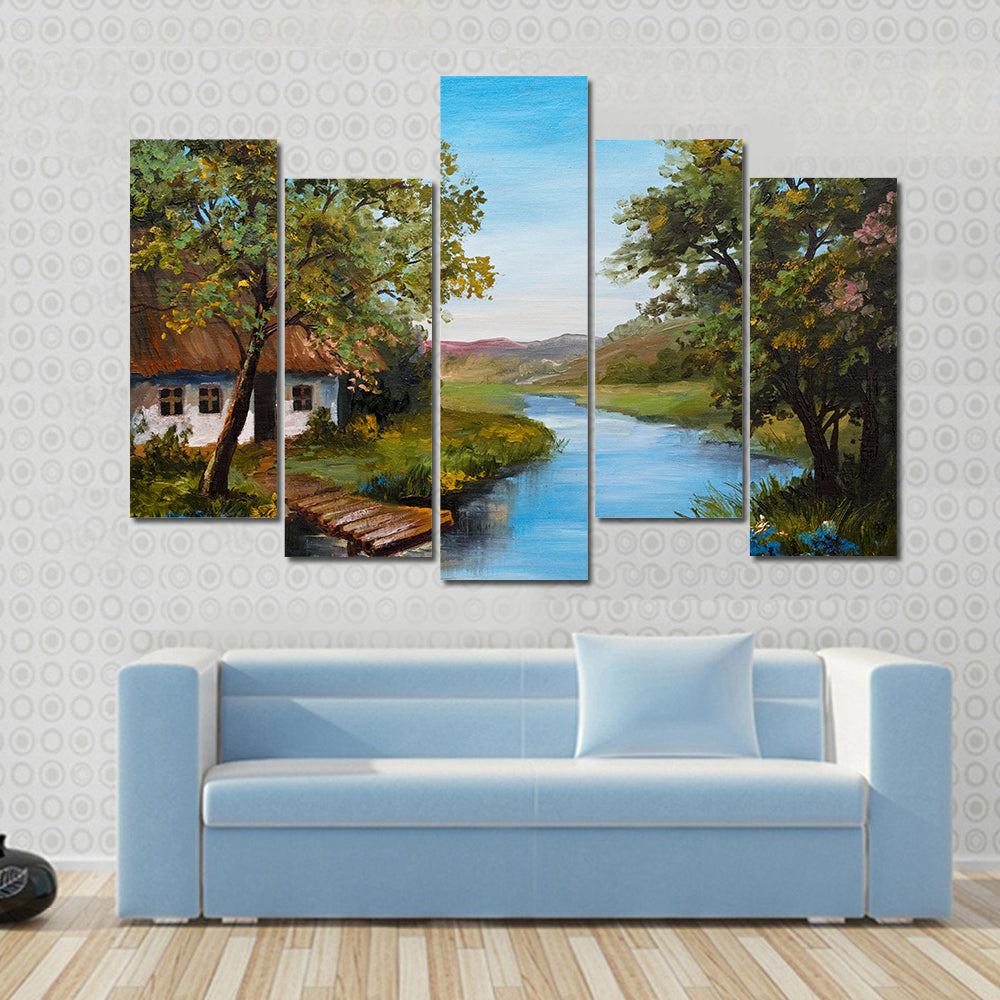 Farmhouse Near The River Canvas Wall Art