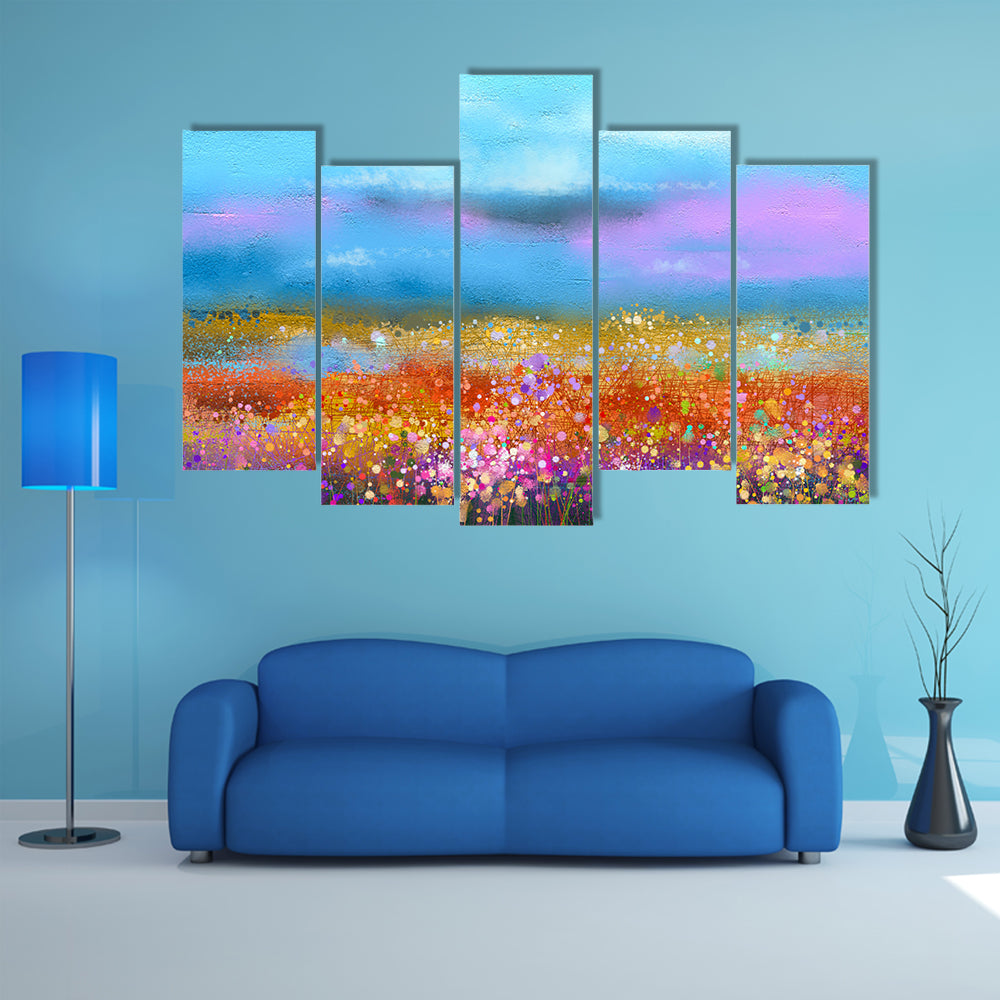Watercolor Spring Meadow with Golden Horizon Canvas Wall Art