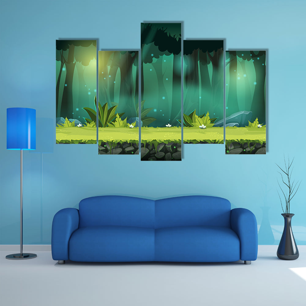 Magical Mist Forest with Fireflies Canvas Wall Art