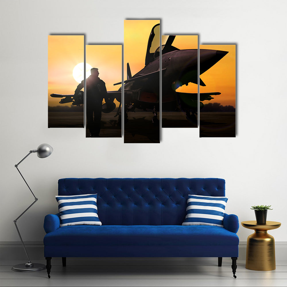Military Pilot &amp; Aircraft At Airfield Canvas Wall Art