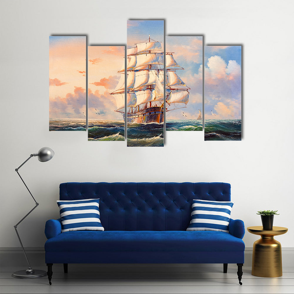 Sailing Boat In Storm Canvas Wall Art