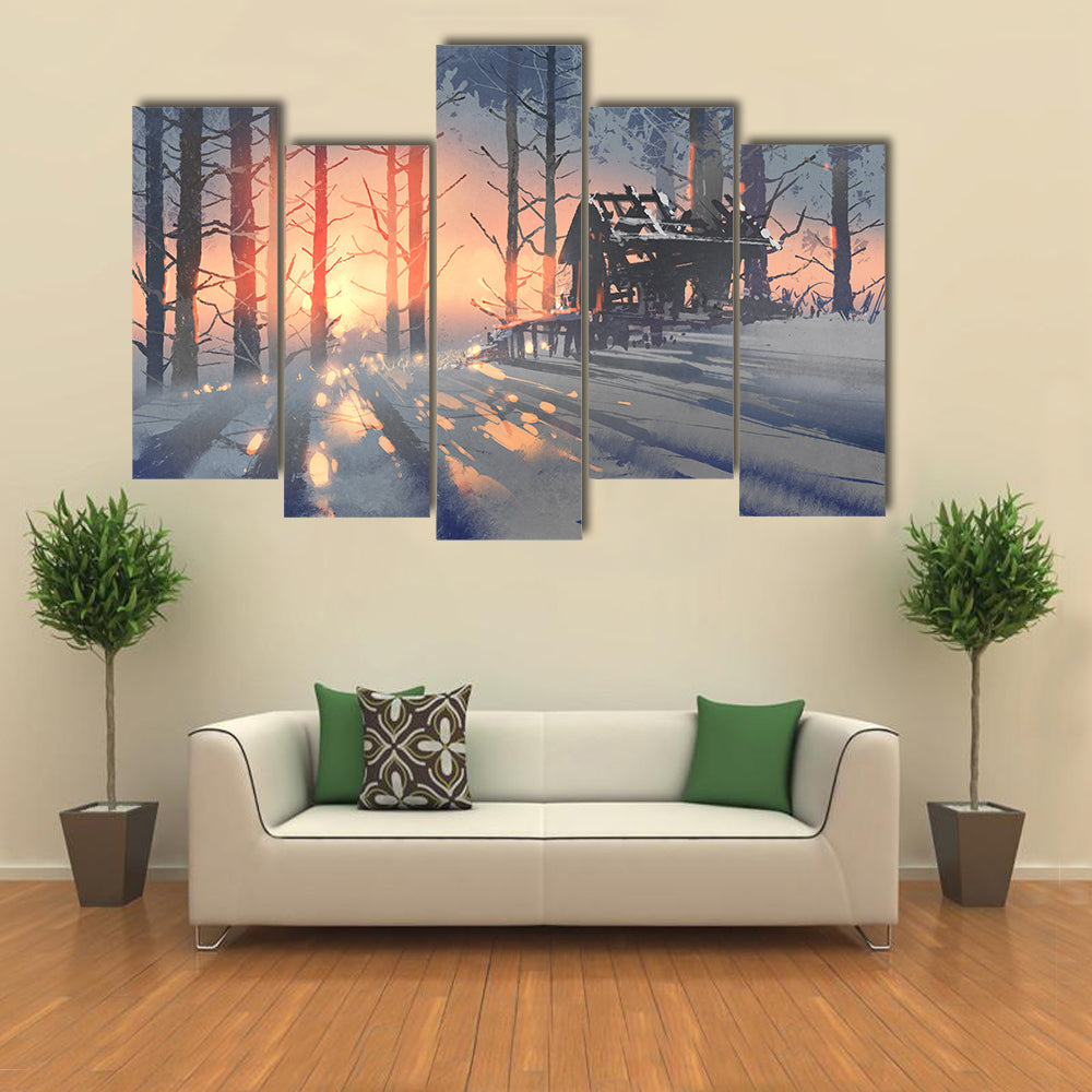 Abandoned House in Winter Forest Canvas Wall Art