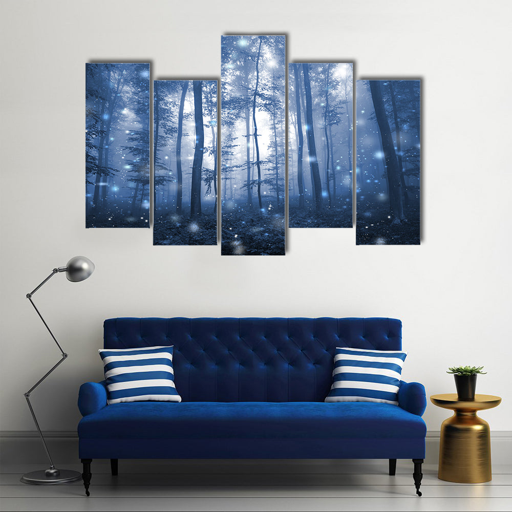 Blue Fog Forest with Glowing Orbs Canvas Wall Art
