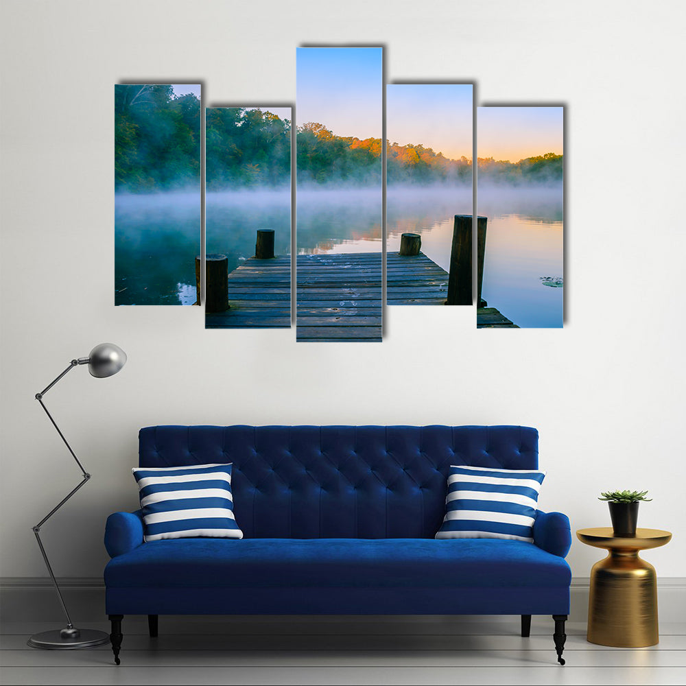 Wooden Dock at Misty Forest Lake Canvas Wall Art