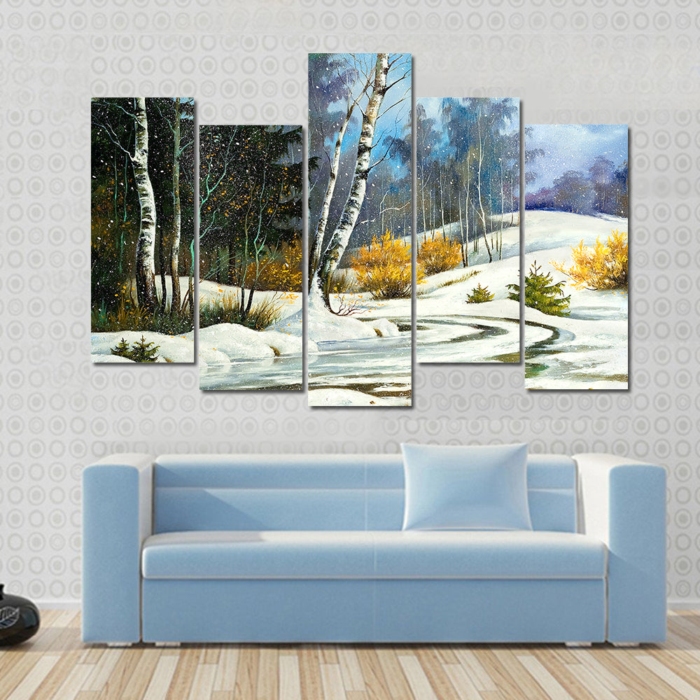 Winter Birch Forest with Frozen Stream Canvas Wall Art