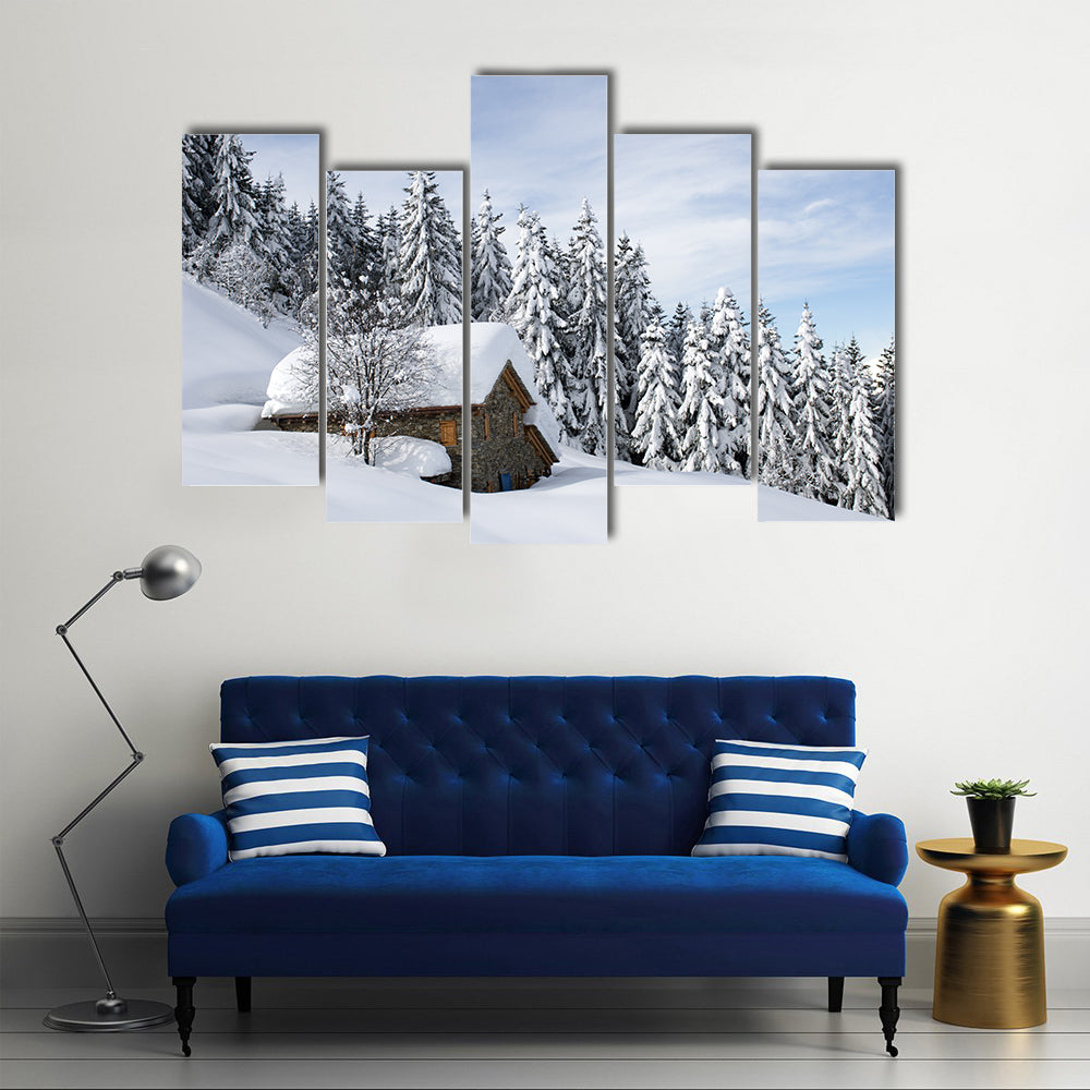 Alpine Hut Under Snow Canvas Wall Art