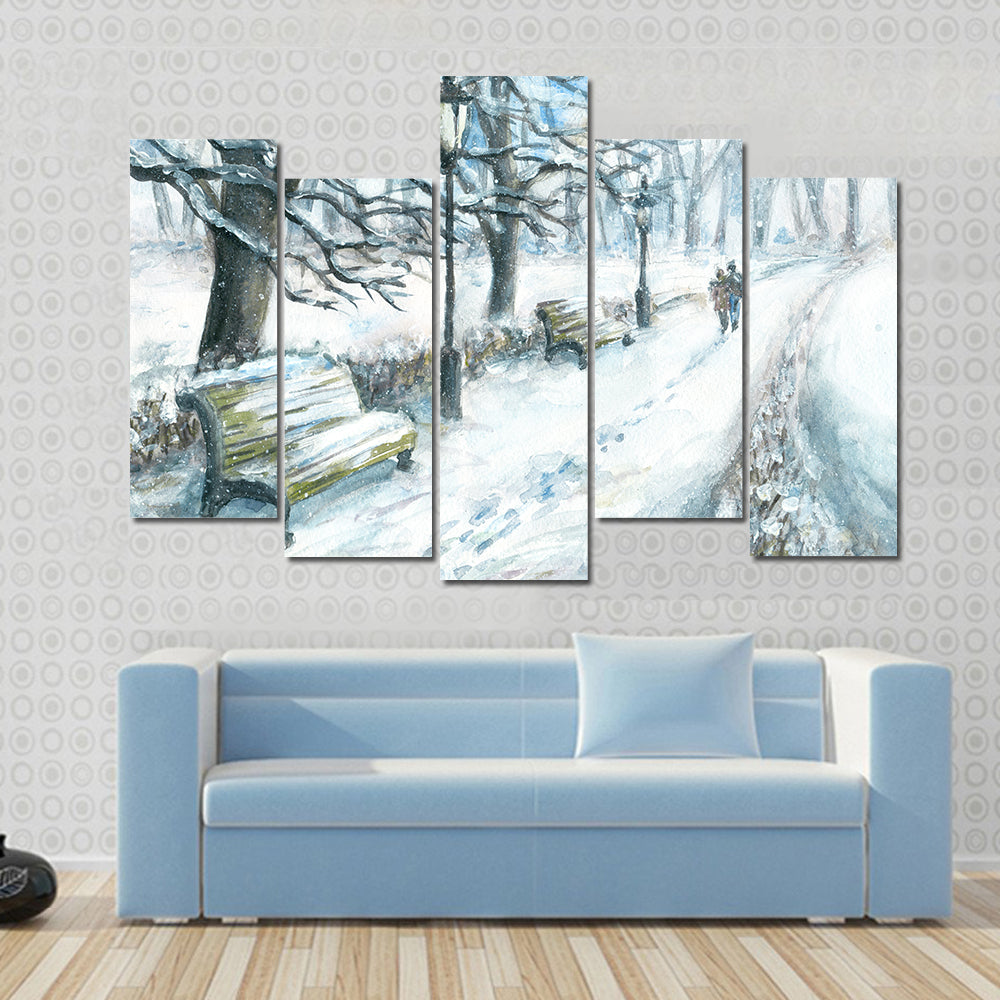 Winter Park With Walking Couple Canvas Wall Art