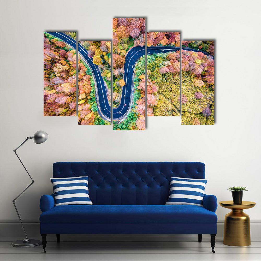 Curved Winding Road Through The Forest Canvas Wall Art