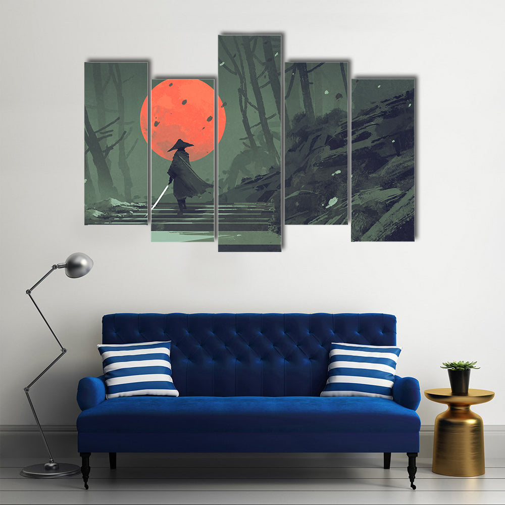 Samurai Standing On Stairway In Night Forest Under Red Moon Canvas Wall Art