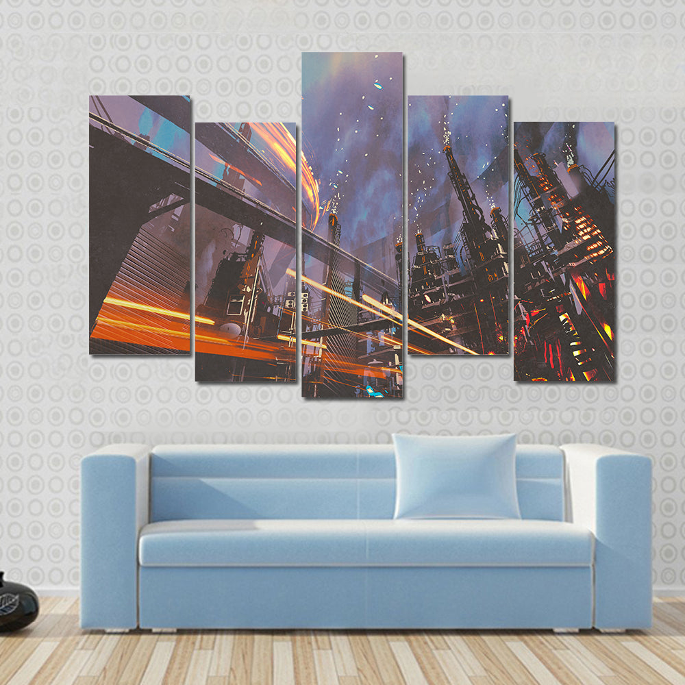 Futuristic Industrial Cityscape at Night Canvas Wall Art