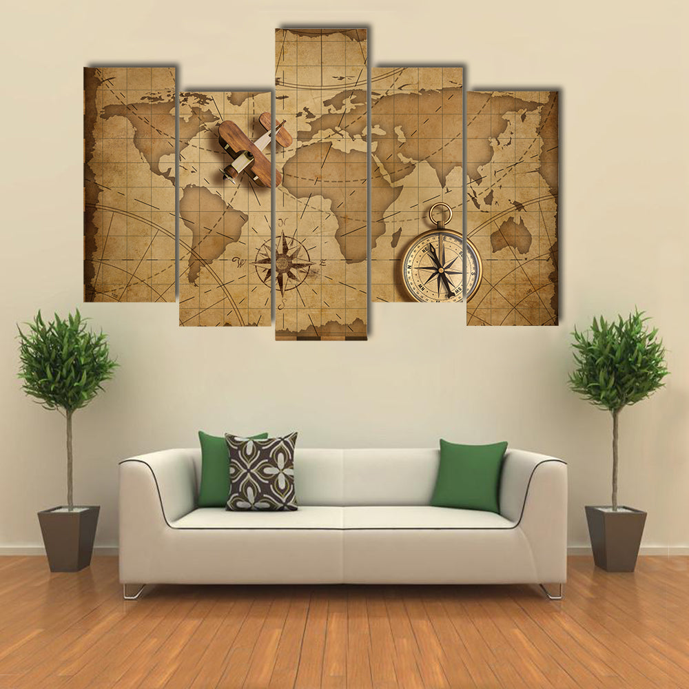 Small Wood Airplane Over World Nautical Map Canvas Wall Art