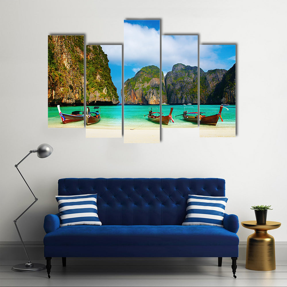 Tropical Beach And Traditional Long Tail Boats In Maya Bay Canvas Wall Art