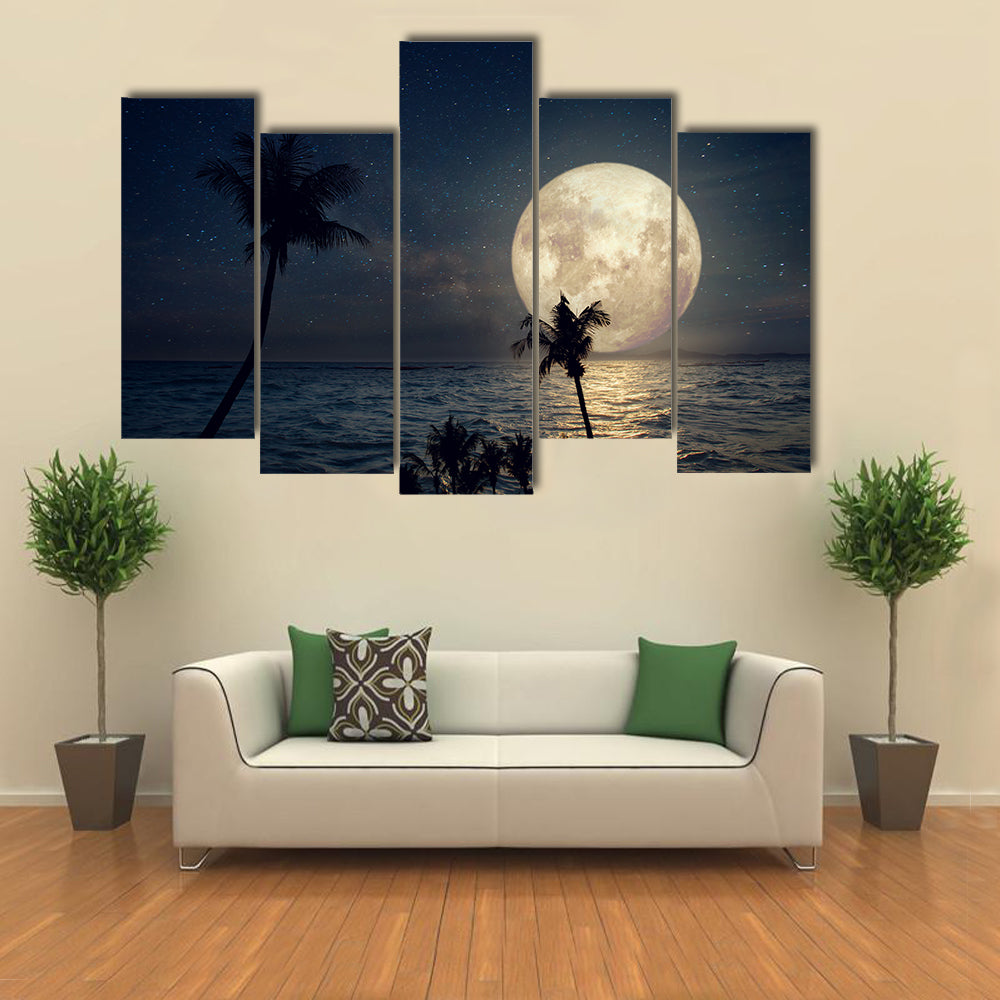 Tropical Beach Under Full Moon Canvas Wall Art
