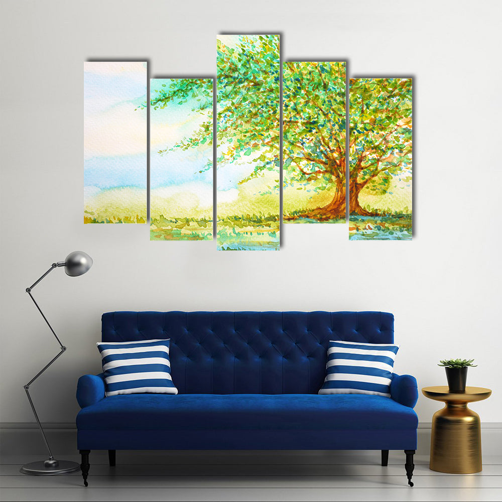 Big Tree In Grass Field Canvas Wall Art